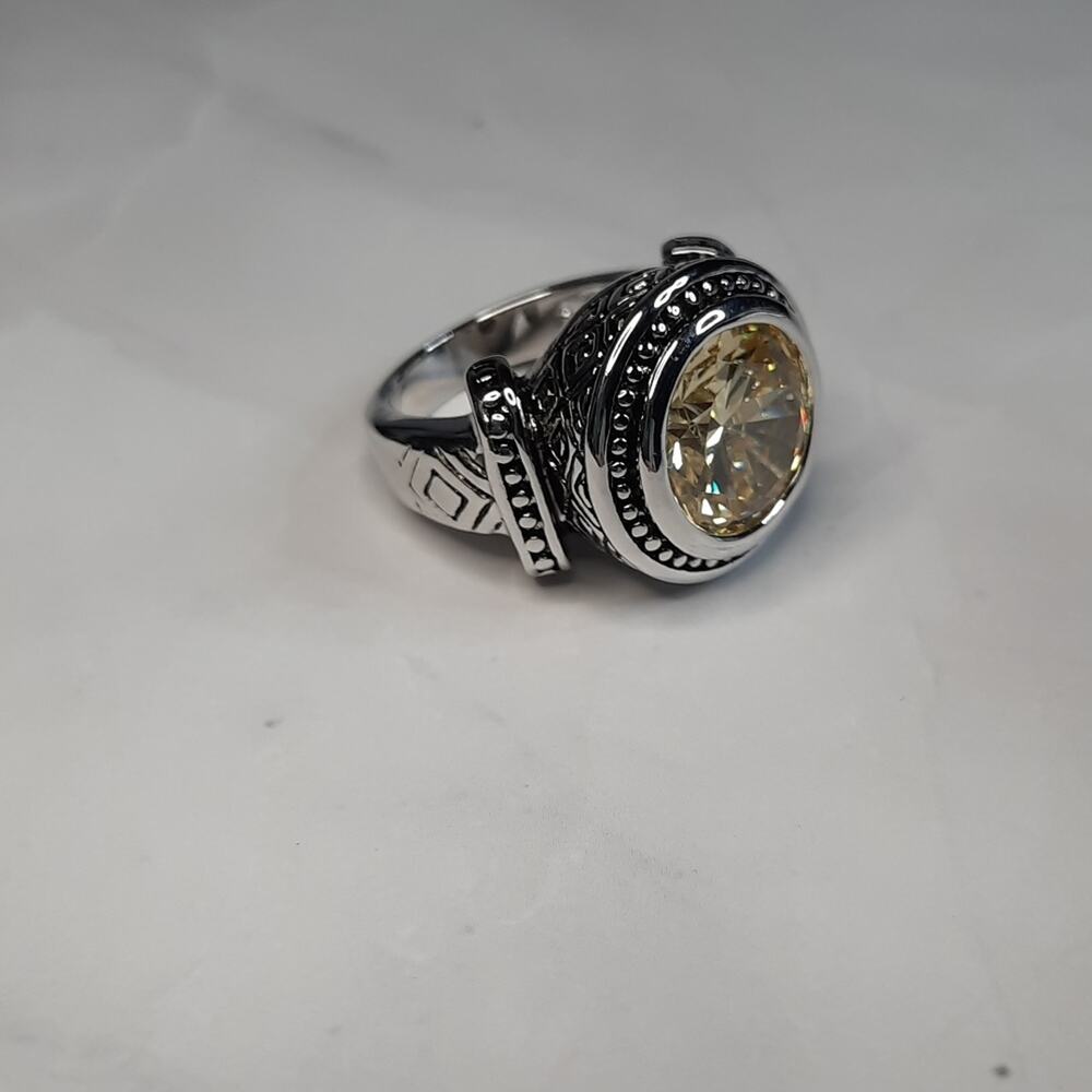 Silver & Round Pale Yellow Crystal Ring